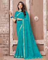 Vishal Prints Dark Turquoise Blue Printed Georgette Saree With Fancy Border