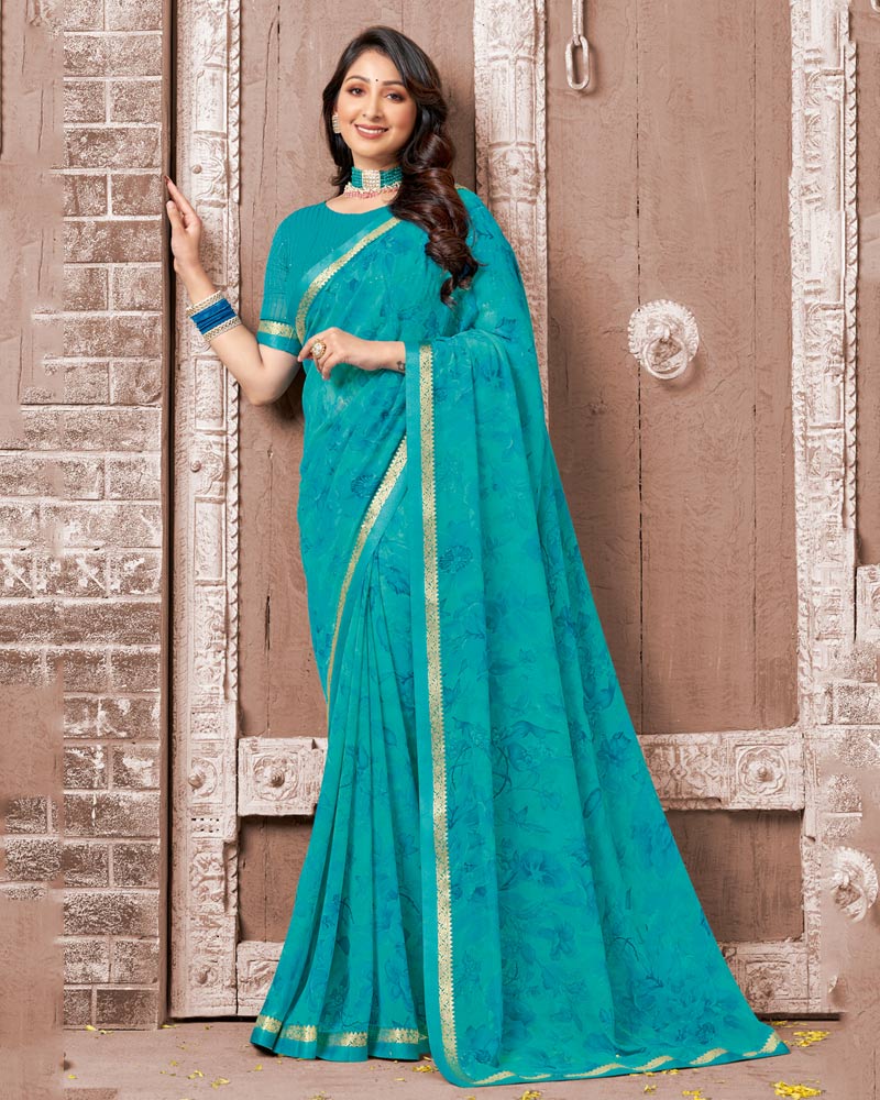 Vishal Prints Dark Turquoise Blue Printed Georgette Saree With Fancy Border