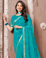 Vishal Prints Dark Turquoise Blue Printed Georgette Saree With Fancy Border