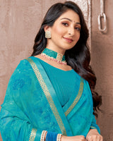 Vishal Prints Dark Turquoise Blue Printed Georgette Saree With Fancy Border
