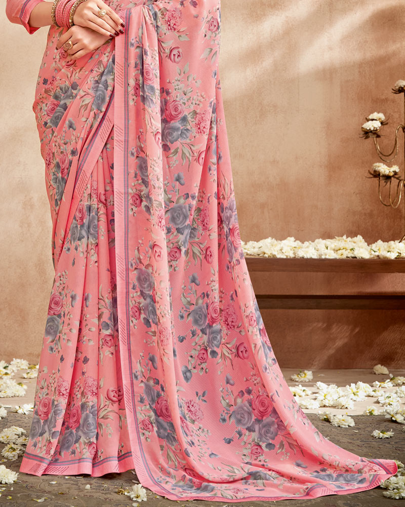 Vishal Prints Daisy Pink Printed Patterned Georgette Saree With Fancy Border