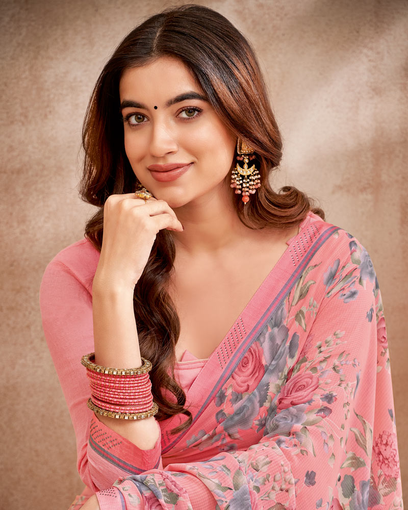 Vishal Prints Daisy Pink Printed Patterned Georgette Saree With Fancy Border