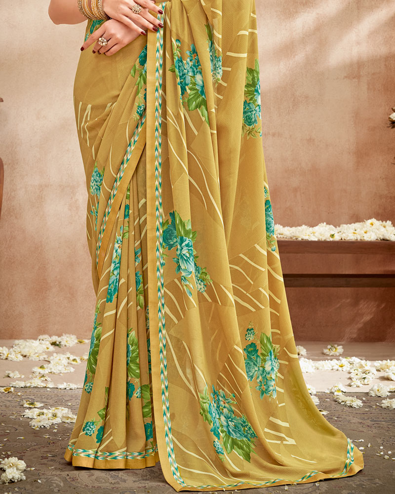 Vishal Prints Dark Mustard Printed Patterned Georgette Saree With Fancy Border