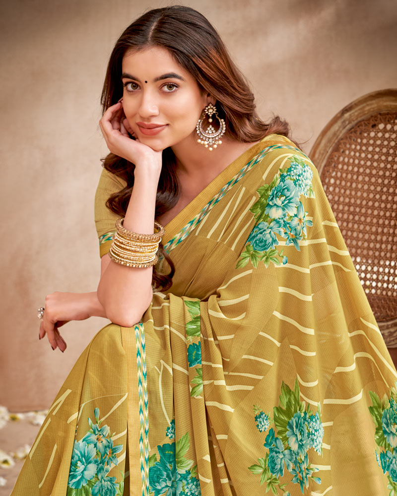 Vishal Prints Dark Mustard Printed Patterned Georgette Saree With Fancy Border
