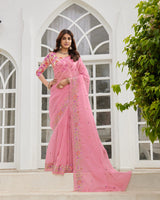 Vishal Prints Daisy Pink Designer Tissue Organza Saree With Embroidery-Diamond Work And Cut Work Border