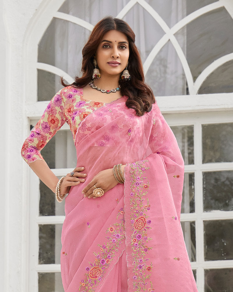 Vishal Prints Daisy Pink Designer Tissue Organza Saree With Embroidery-Diamond Work And Cut Work Border
