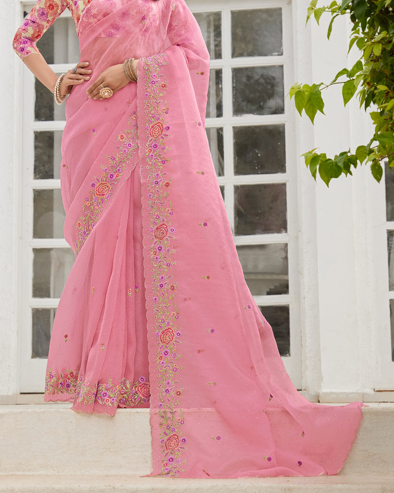 Vishal Prints Daisy Pink Designer Tissue Organza Saree With Embroidery-Diamond Work And Cut Work Border