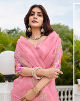 Vishal Prints Daisy Pink Designer Tissue Organza Saree With Embroidery-Diamond Work And Cut Work Border