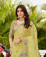 Vishal Prints Yellowish Tan Designer Tissue Organza Saree With Embroidery-Diamond Work And Cut Work Border