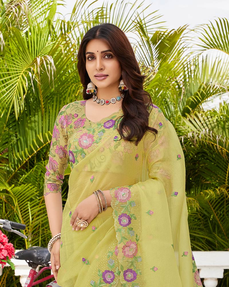 Vishal Prints Yellowish Tan Designer Tissue Organza Saree With Embroidery-Diamond Work And Cut Work Border