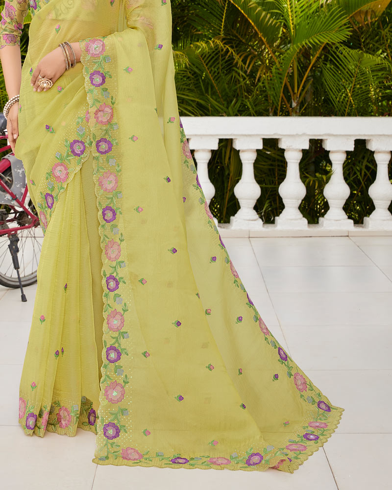 Vishal Prints Yellowish Tan Designer Tissue Organza Saree With Embroidery-Diamond Work And Cut Work Border
