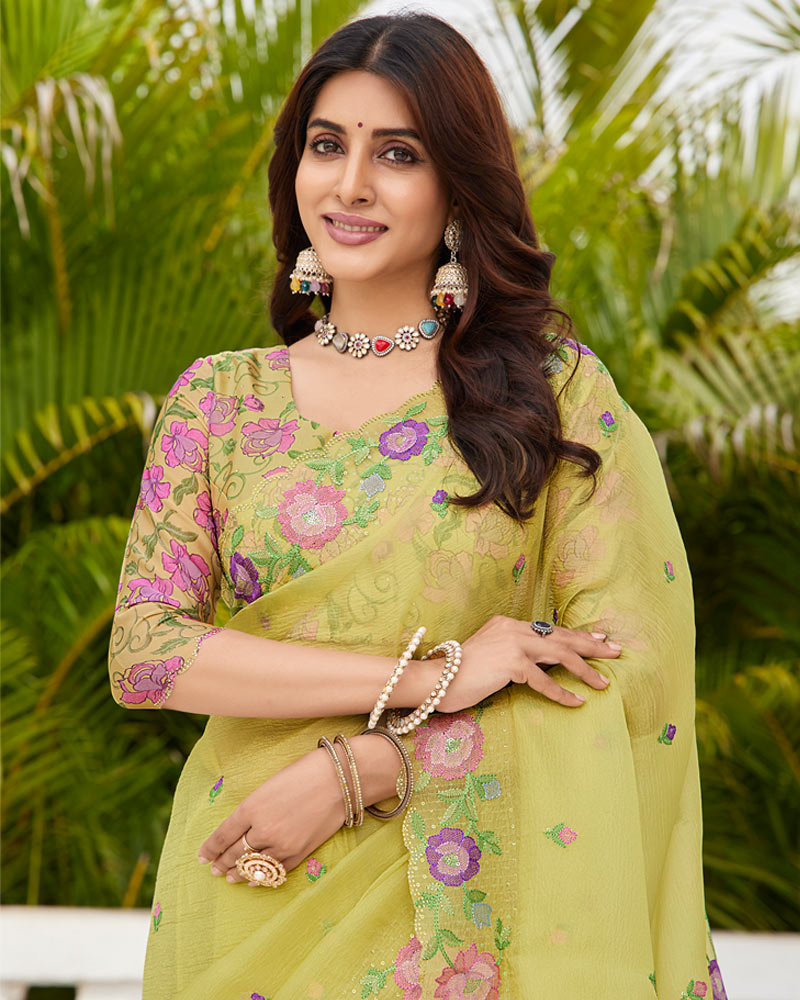 Vishal Prints Yellowish Tan Designer Tissue Organza Saree With Embroidery-Diamond Work And Cut Work Border