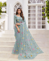 Vishal Prints Cool Grey Designer Tissue Organza Saree With Embroidery-Diamond Work And Cut Work Border