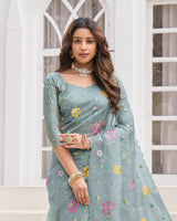 Vishal Prints Cool Grey Designer Tissue Organza Saree With Embroidery-Diamond Work And Cut Work Border