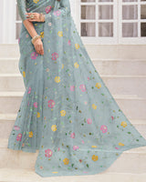 Vishal Prints Cool Grey Designer Tissue Organza Saree With Embroidery-Diamond Work And Cut Work Border