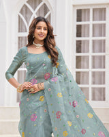 Vishal Prints Cool Grey Designer Tissue Organza Saree With Embroidery-Diamond Work And Cut Work Border