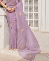 Vishal Prints Pastel Mauve Designer Tissue Organza Saree With Embroidery-Diamond Work And Cut Work Border