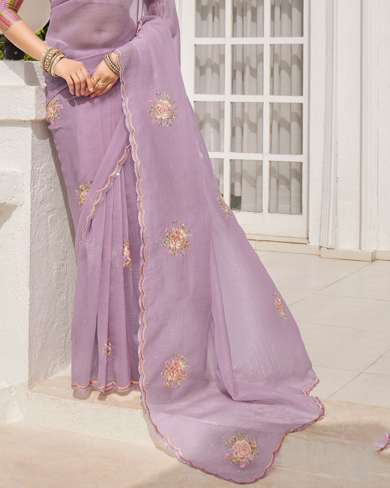 Vishal Prints Pastel Mauve Designer Tissue Organza Saree With Embroidery-Diamond Work And Cut Work Border