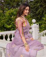 Vishal Prints Pastel Mauve Designer Tissue Organza Saree With Embroidery-Diamond Work And Cut Work Border