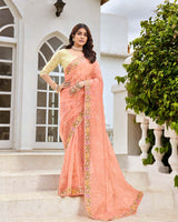 Vishal Prints Peachy Pink Designer Tissue Organza Saree With Embroidery-Diamond Work And Cut Work Border