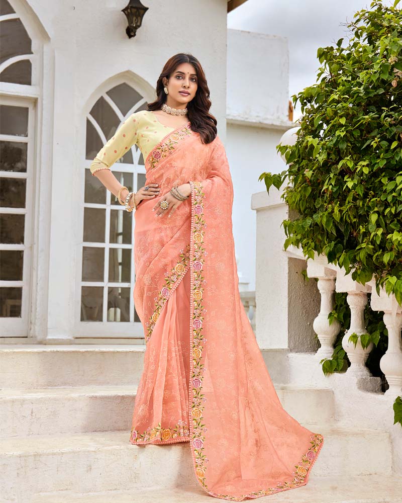 Vishal Prints Peachy Pink Designer Tissue Organza Saree With Embroidery-Diamond Work And Cut Work Border
