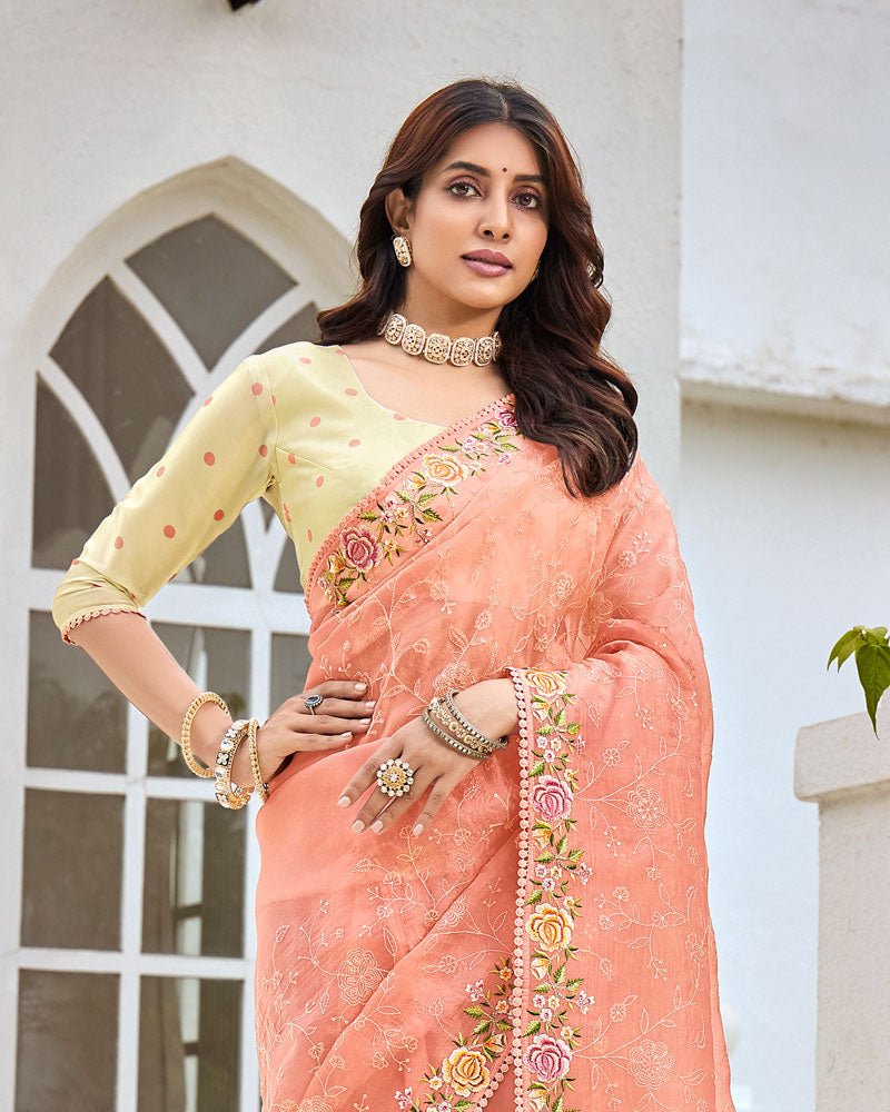Vishal Prints Peachy Pink Designer Tissue Organza Saree With Embroidery-Diamond Work And Cut Work Border