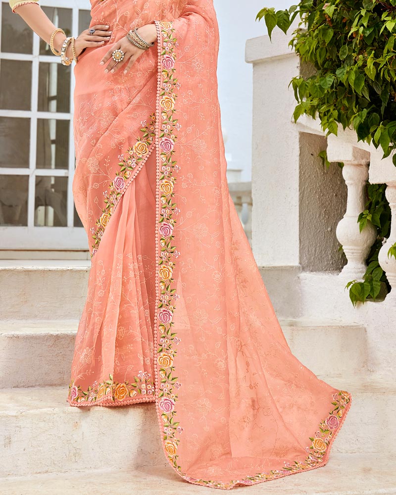 Vishal Prints Peachy Pink Designer Tissue Organza Saree With Embroidery-Diamond Work And Cut Work Border