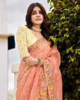 Vishal Prints Peachy Pink Designer Tissue Organza Saree With Embroidery-Diamond Work And Cut Work Border