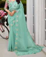 Vishal Prints Summer Green Designer Tissue Organza Saree With Embroidery-Diamond Work And Cut Work Border