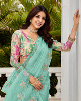 Vishal Prints Summer Green Designer Tissue Organza Saree With Embroidery-Diamond Work And Cut Work Border
