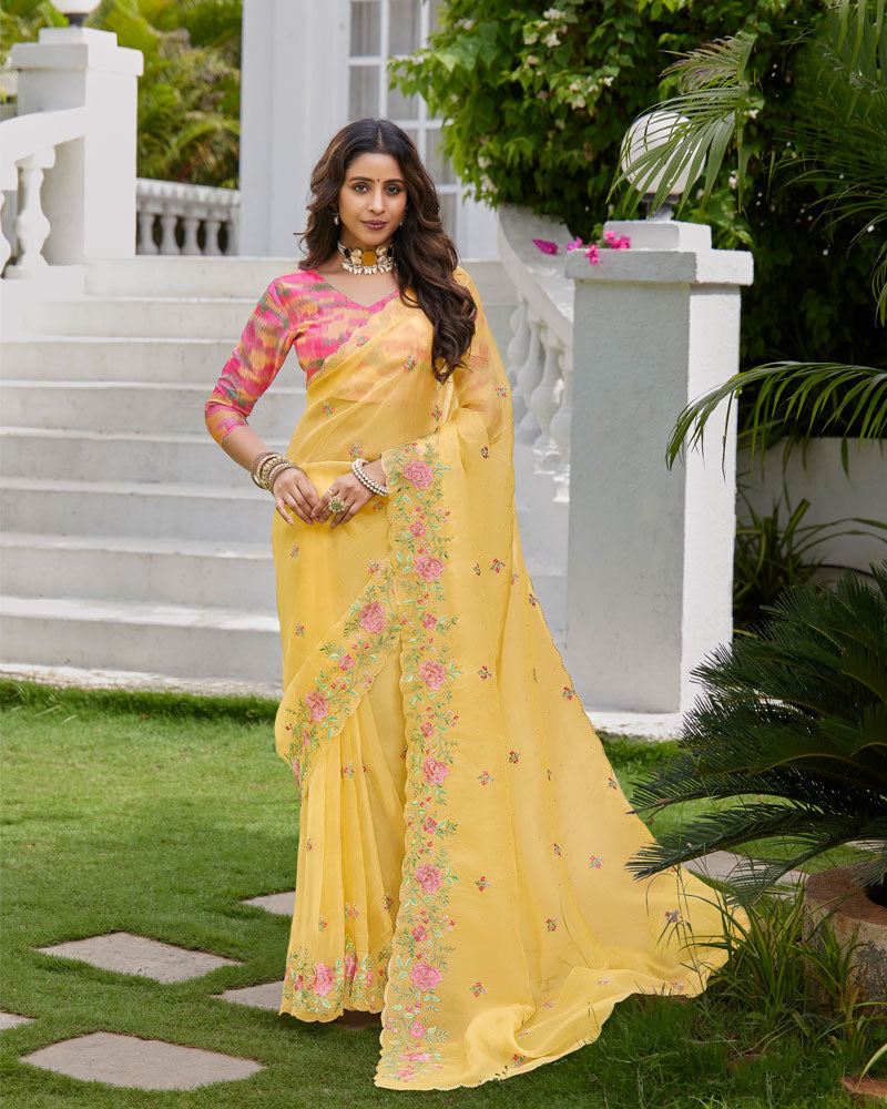 Vishal Prints Dark Pastel Yellow Designer Tissue Organza Saree With Embroidery-Diamond Work And Cut Work Border