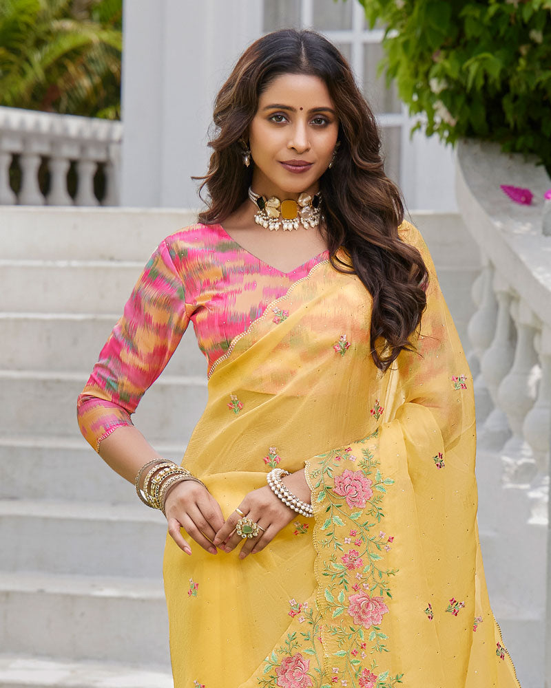 Vishal Prints Dark Pastel Yellow Designer Tissue Organza Saree With Embroidery-Diamond Work And Cut Work Border