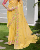 Vishal Prints Dark Pastel Yellow Designer Tissue Organza Saree With Embroidery-Diamond Work And Cut Work Border