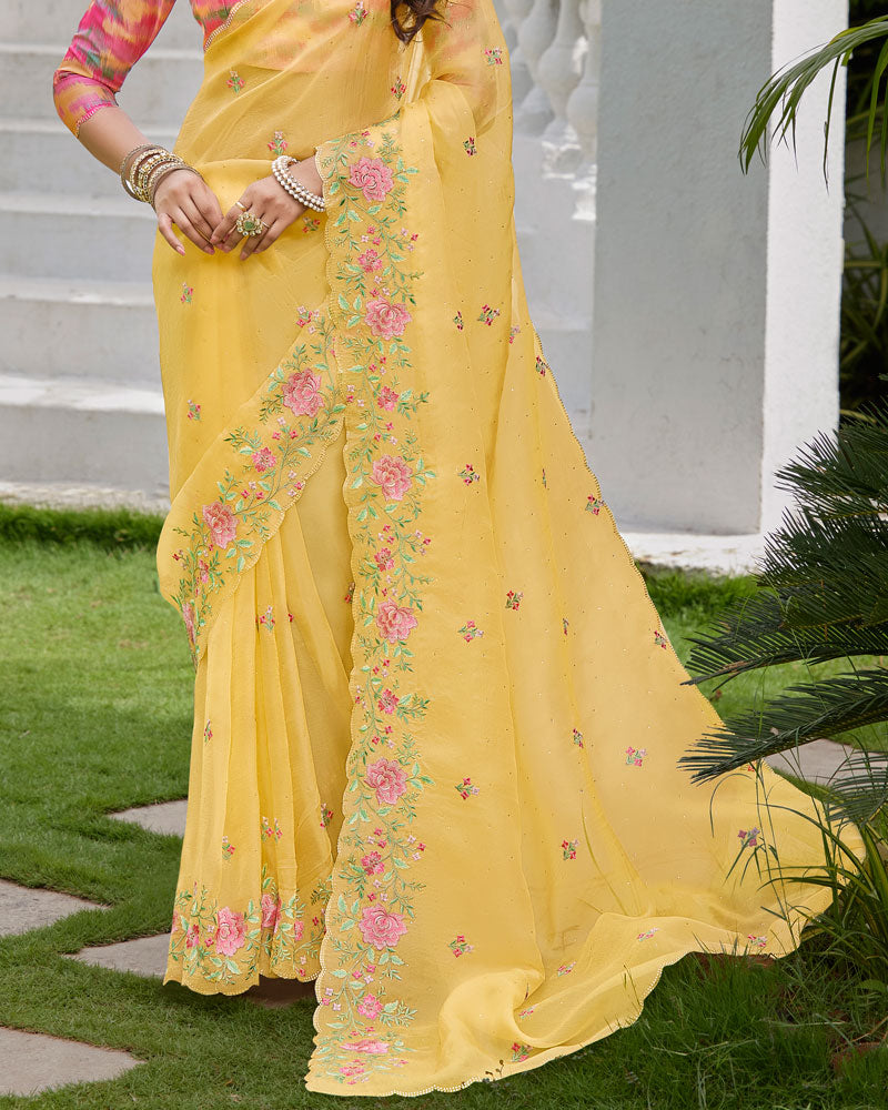 Vishal Prints Dark Pastel Yellow Designer Tissue Organza Saree With Embroidery-Diamond Work And Cut Work Border