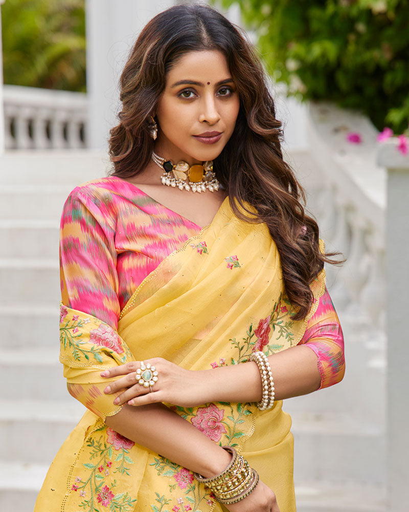 Vishal Prints Dark Pastel Yellow Designer Tissue Organza Saree With Embroidery-Diamond Work And Cut Work Border