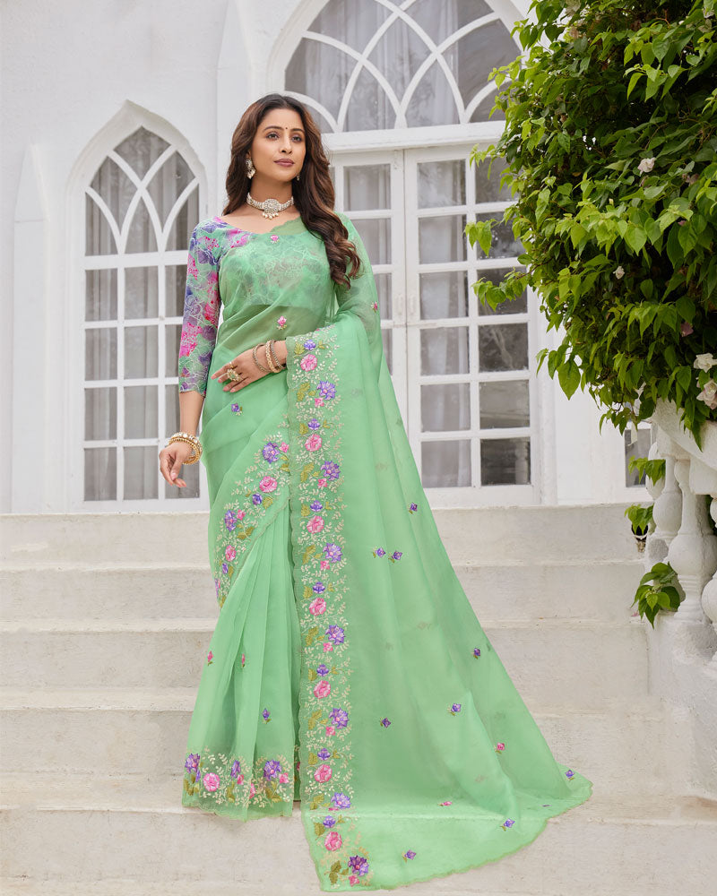 Vishal Prints Pastel Pista Green Designer Tissue Organza Saree With Embroidery-Diamond Work And Cut Work Border