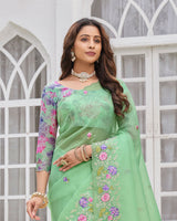 Vishal Prints Pastel Pista Green Designer Tissue Organza Saree With Embroidery-Diamond Work And Cut Work Border