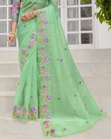 Vishal Prints Pastel Pista Green Designer Tissue Organza Saree With Embroidery-Diamond Work And Cut Work Border