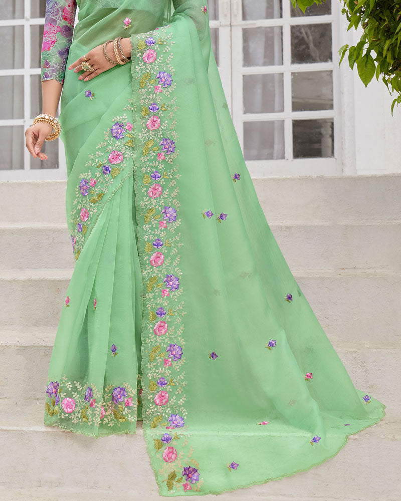 Vishal Prints Pastel Pista Green Designer Tissue Organza Saree With Embroidery-Diamond Work And Cut Work Border