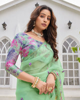 Vishal Prints Pastel Pista Green Designer Tissue Organza Saree With Embroidery-Diamond Work And Cut Work Border