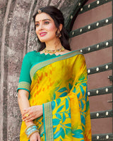 Vishal Prints Dark Yellow Printed Chiffon Saree With Zari Border
