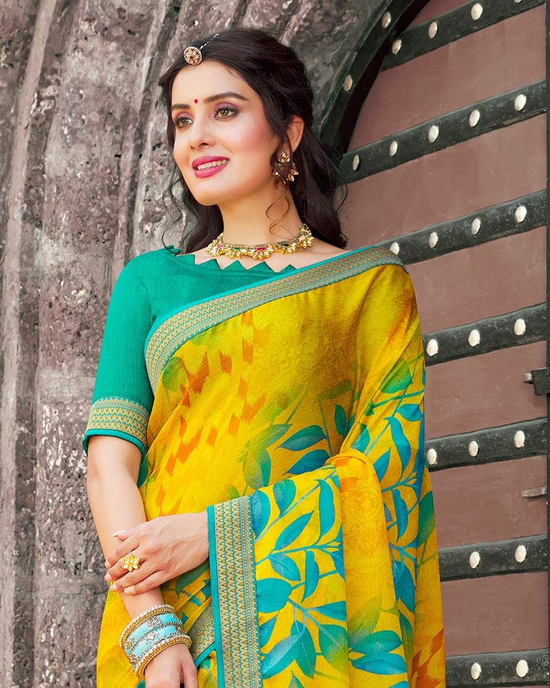 Vishal Prints Dark Yellow Printed Chiffon Saree With Zari Border