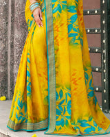 Vishal Prints Dark Yellow Printed Chiffon Saree With Zari Border