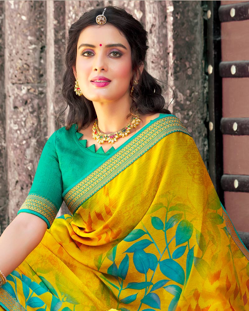 Vishal Prints Dark Yellow Printed Chiffon Saree With Zari Border