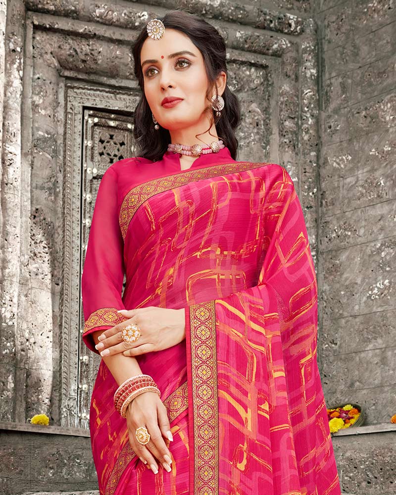 Vishal Prints Rose Printed Chiffon Saree With Zari Border