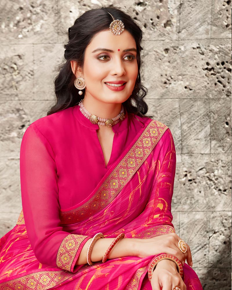 Vishal Prints Rose Printed Chiffon Saree With Zari Border