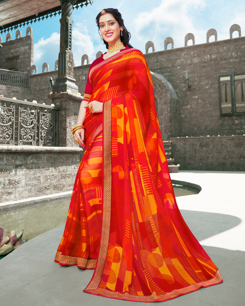 Vishal Prints Red Printed Chiffon Saree With Zari Border