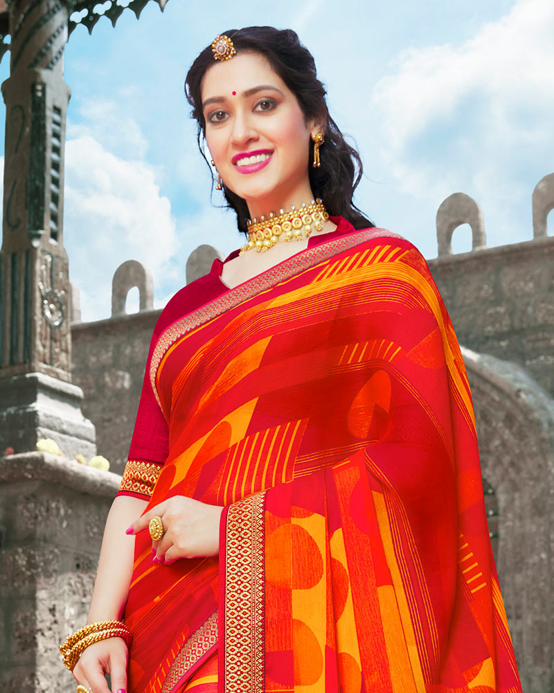 Vishal Prints Red Printed Chiffon Saree With Zari Border