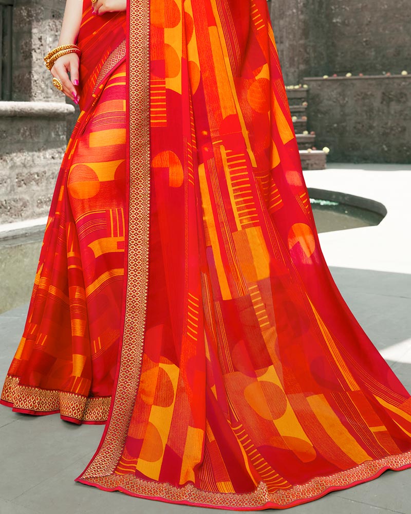 Vishal Prints Red Printed Chiffon Saree With Zari Border