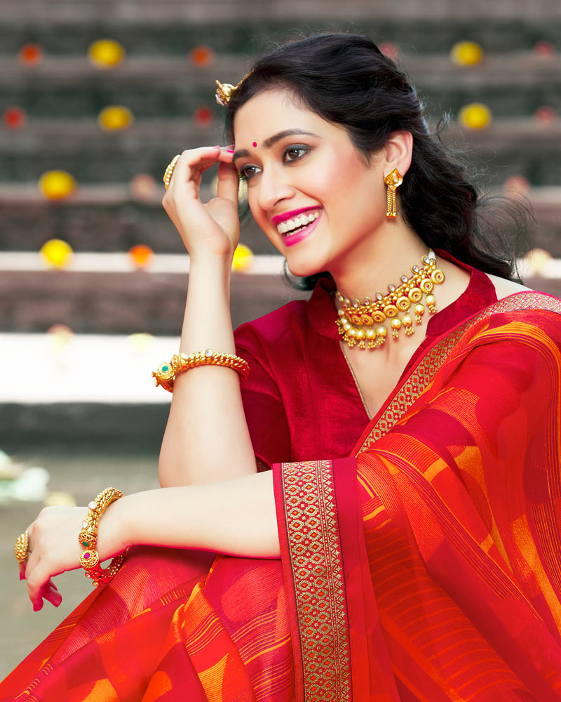 Vishal Prints Red Printed Chiffon Saree With Zari Border